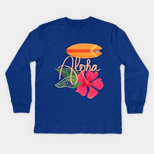 Aloha Tropical Hand Lettering with Surfboard and Hibiscus Kids Long Sleeve T-Shirt